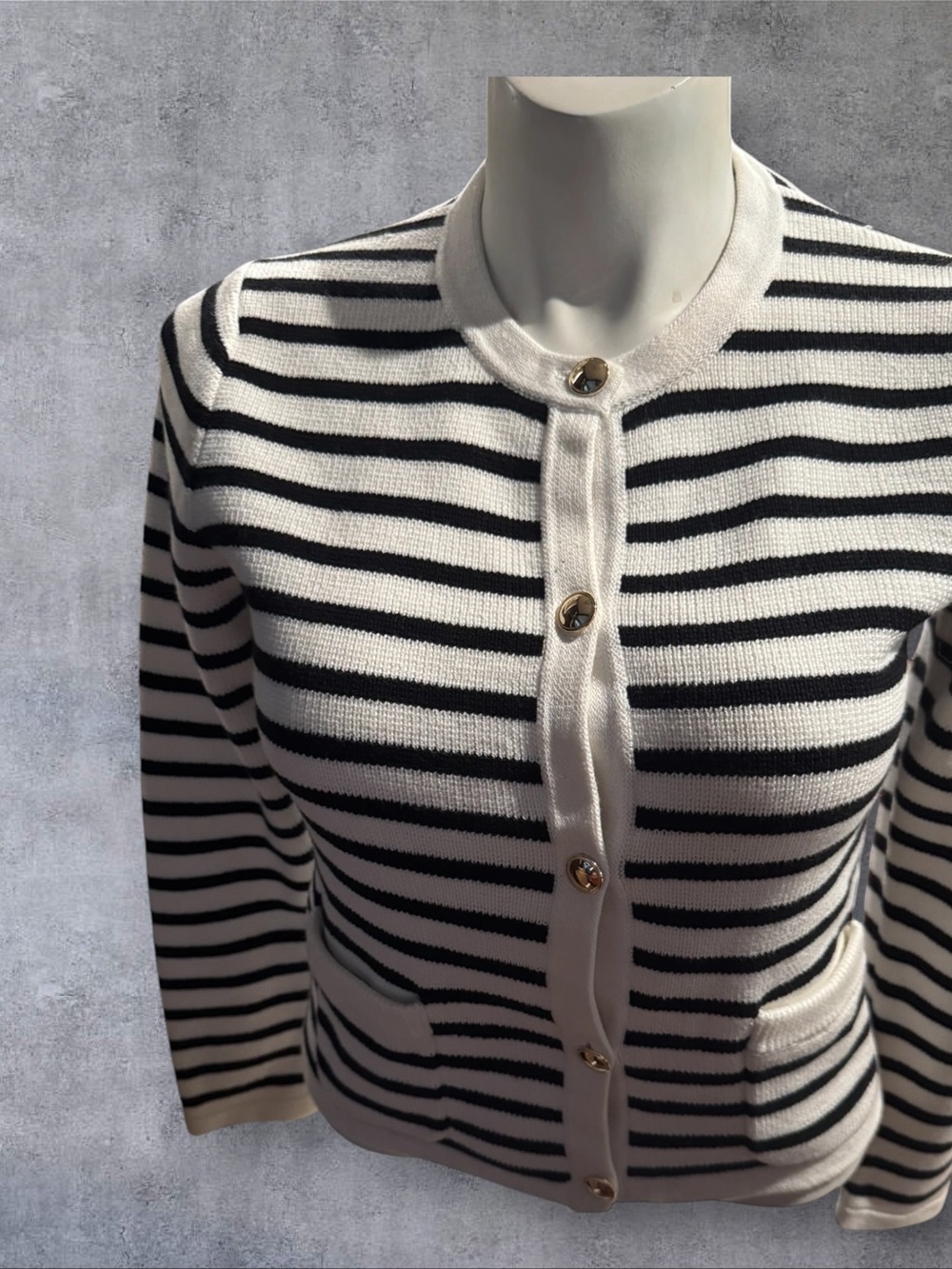 Quince Black and White Striped organic V-Neck Cardigan with Gold Buttons - Picture 3 of 10